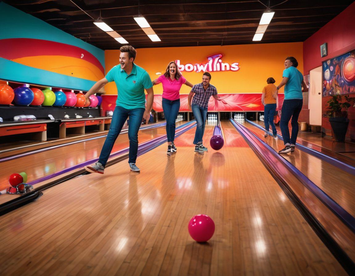 A vibrant scene of a group of bowlers enjoying a joyful moment at a colorful bowling alley, featuring various bowling gear like bright, custom-designed bowling balls and stylish shoes. The atmosphere is filled with laughter, striking neon lights, and dynamic bowling actions, showcasing the spirit of camaraderie and competition. Emphasize the smiles and expressions of excitement on the bowlers' faces. super-realistic. vibrant colors. cheerful ambiance.