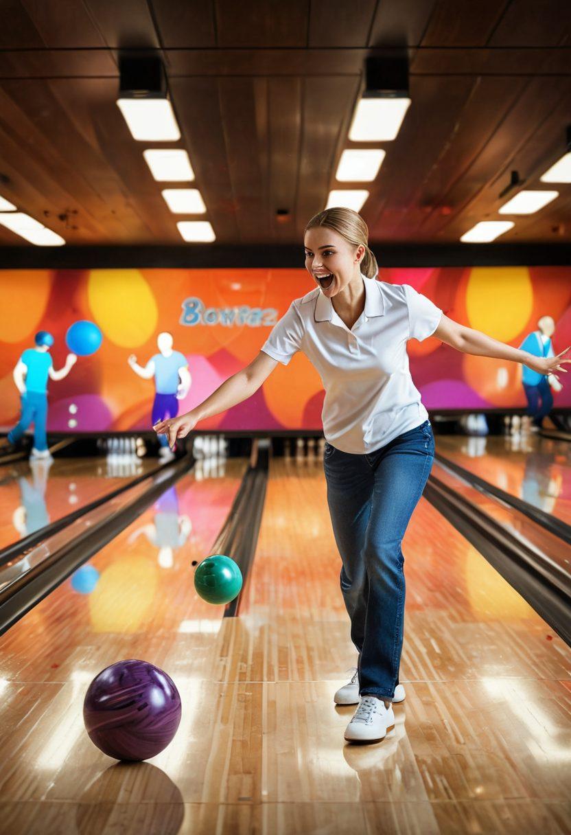 A dynamic bowling alley scene capturing enthusiastic bowlers in mid-action, showcasing various essential bowling gear like custom bowling balls and stylish shoes. Include a colorful scoreboard in the background with bright lights, emphasizing the joy and competitiveness of the sport. Incorporate diverse bowlers of different ages and backgrounds to reflect inclusivity. Bright, energetic lighting and vivid colors create an uplifting atmosphere. super-realistic. vibrant colors. 3D.